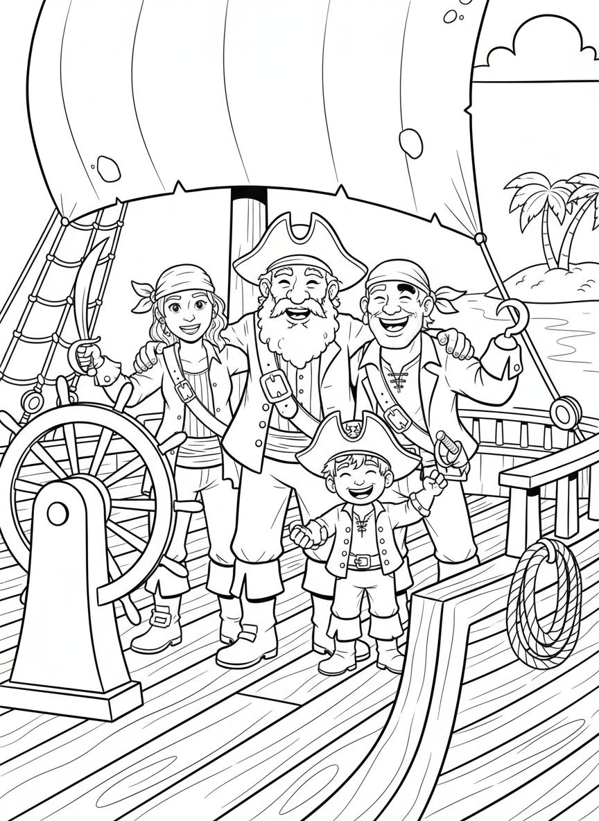 A group of diverse pirate crew members standing together on deck, including different ages and friendly expressions, simple character designs