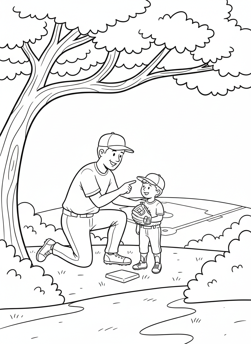 A Little League baseball coach kneeling down beside a young player at first base, giving encouraging advice and pointing toward the infield, the player listening intently with their glove tucked under their arm.