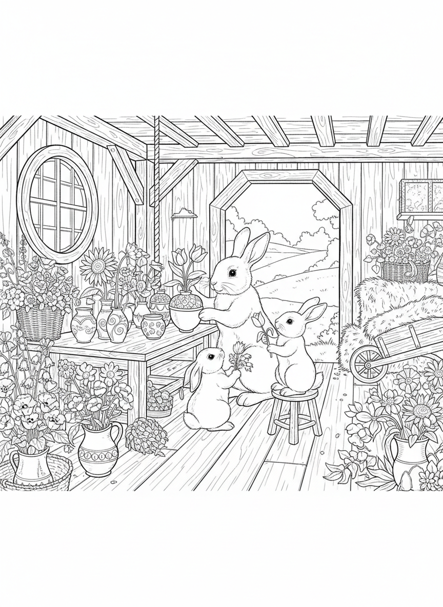 A rabbit family arranging flowers in decorative pottery vases inside a charming country barn, detailed scene for older kids