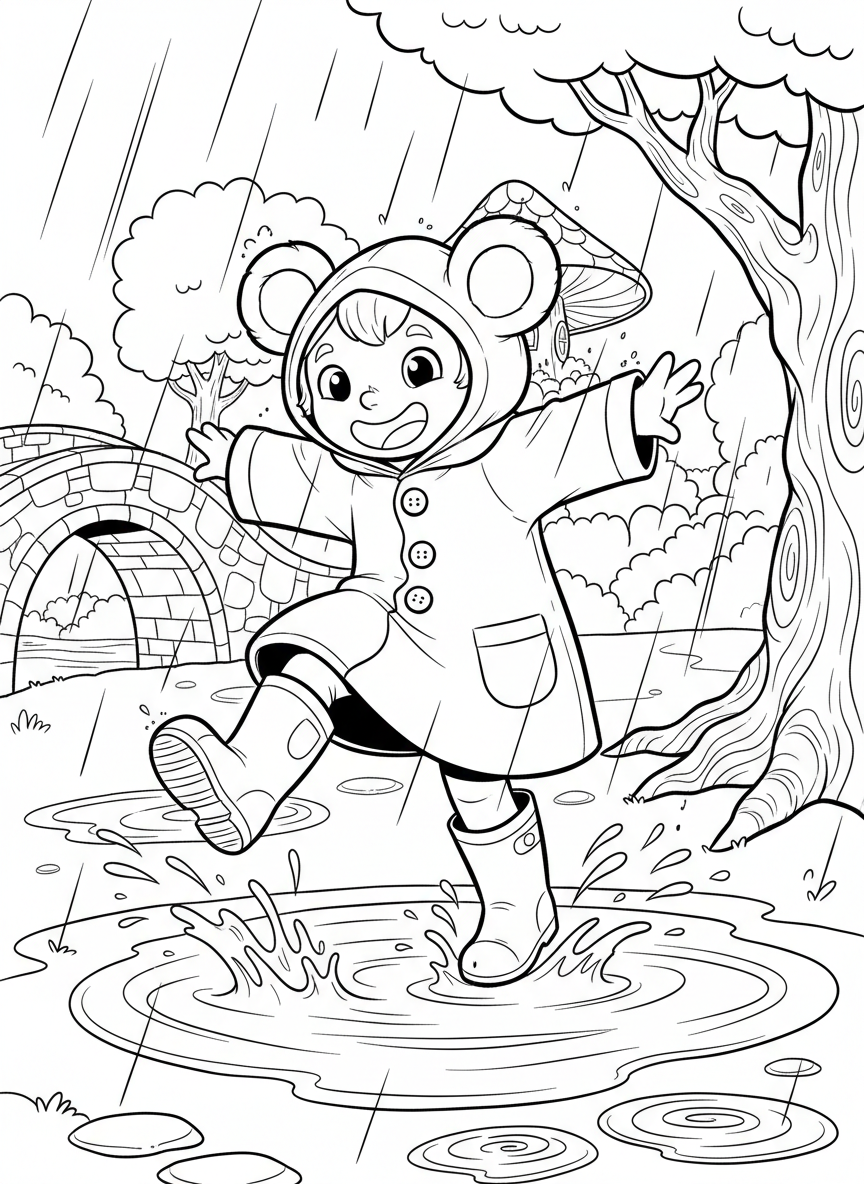 A cheerful fantasy character with big ears wearing a raincoat and boots, splashing in puddles, simple outline drawing