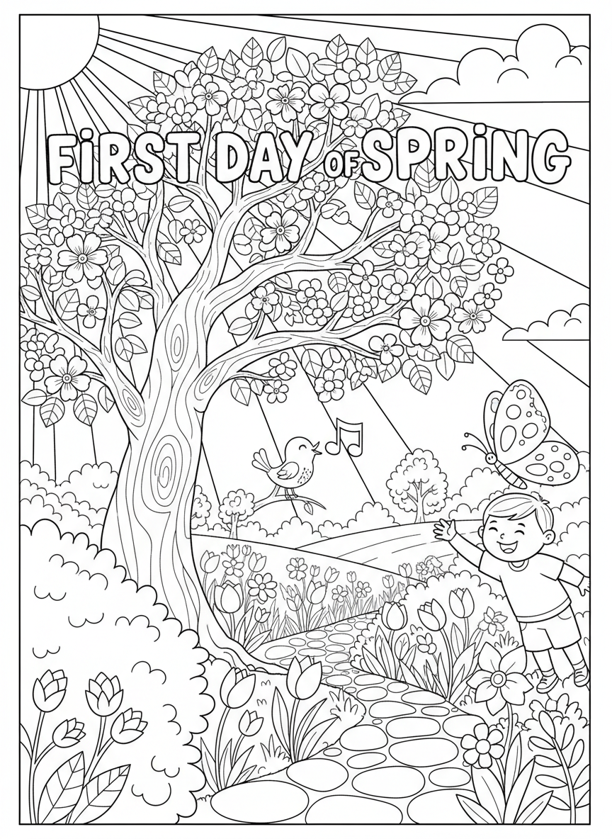 First Day of Spring coloring page prompts celebrating renewal, blooming landscapes, fresh air, and seasonal optimism.	Sunlight filtering through branches dotted with fresh leaves, signaling the quiet arrival of a new season.