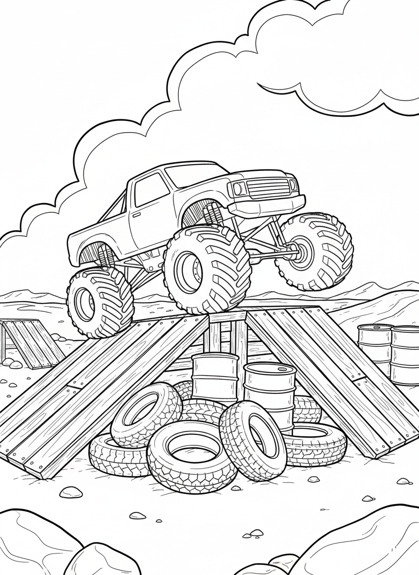 An obstacle course scene with ramps, tires, and barrels, a monster truck navigating through the challenging path.