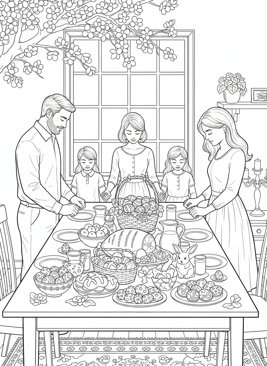 A family holding hands in a circle saying grace before Easter breakfast, with a table full of food and decorated eggs visible.