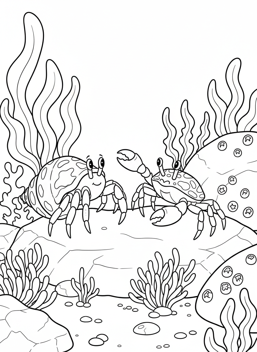 A hermit crab meeting a regular crab on a rock, both with friendly expressions, surrounded by tide pool plants.