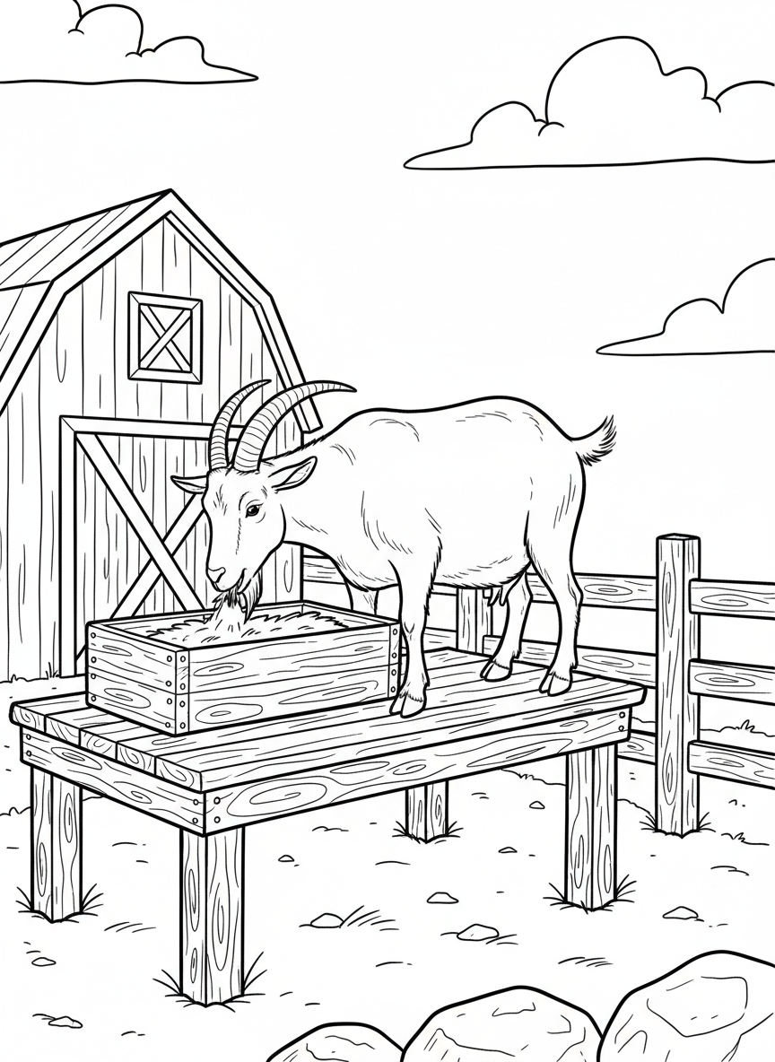 A goat standing on a wooden platform eating hay from a feeding trough, simple farm scene with clean lines.
