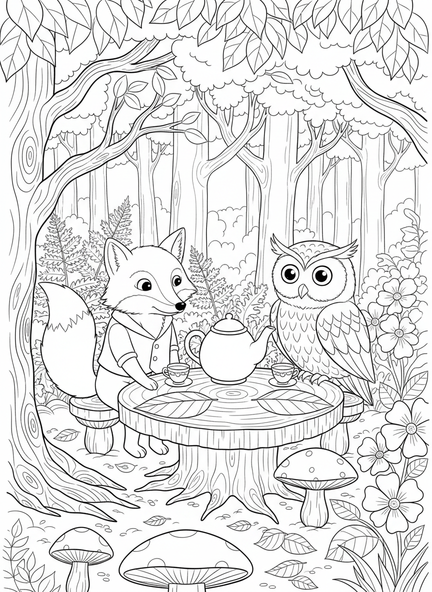 A fox and owl sharing tea at a woodland tea party with mushroom stools and leaf placemats, forest setting