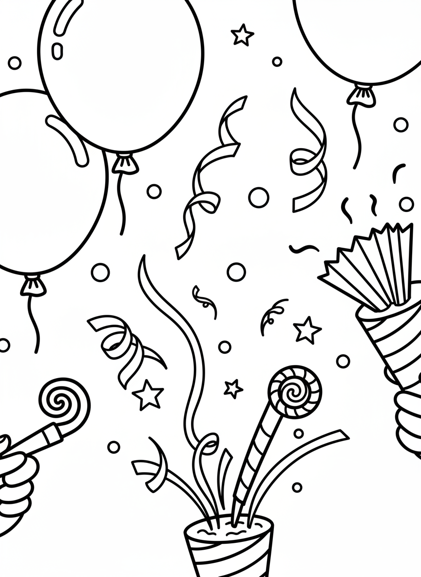 A close-up of party supplies including noisemakers, confetti poppers, balloons, and streamers arranged in a fun pattern