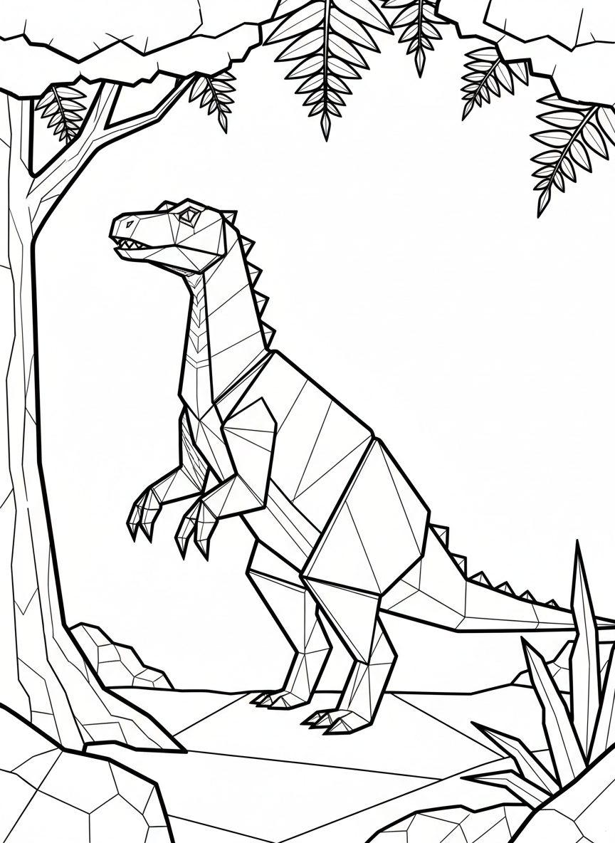 An origami Iguanodon standing on its hind legs with geometric thumb spikes, showing clear fold lines and angular body structure.