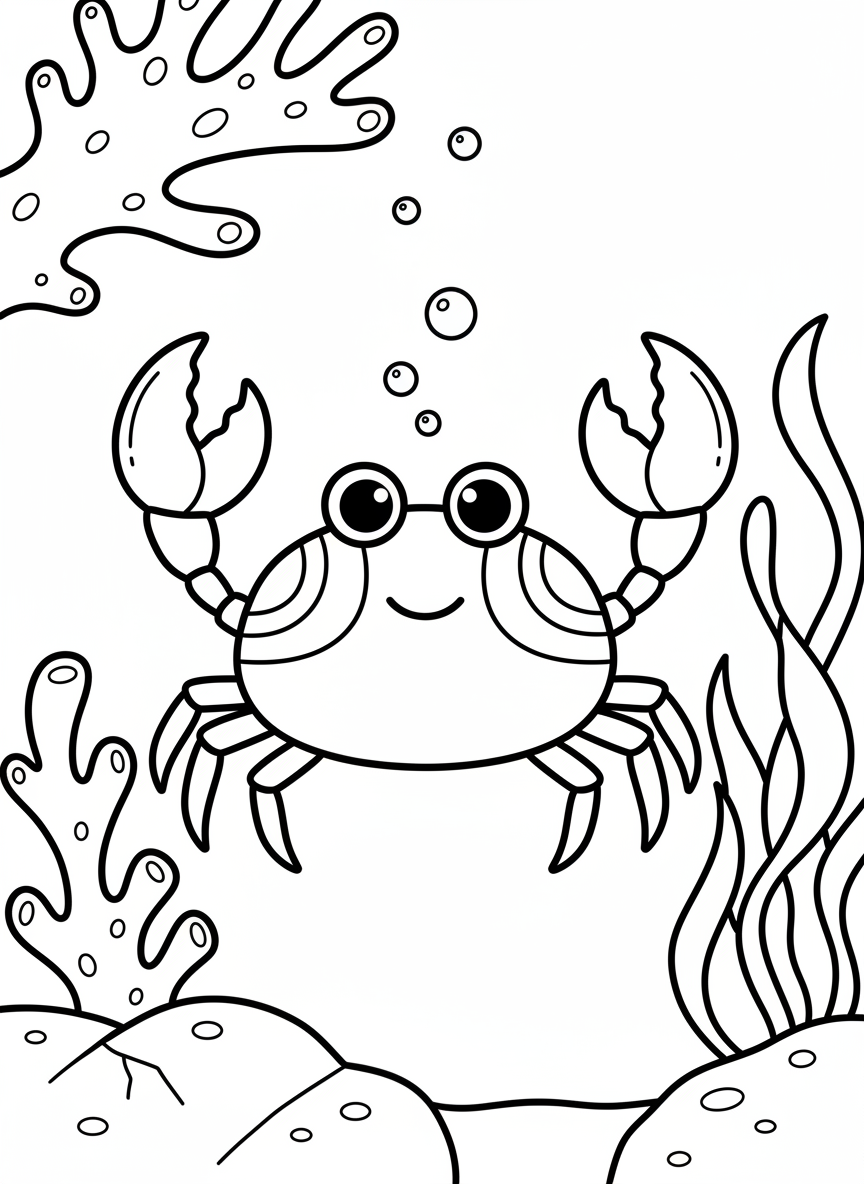 A simple crab outline with big round eyes and symmetrical claws, perfect for younger children to color.