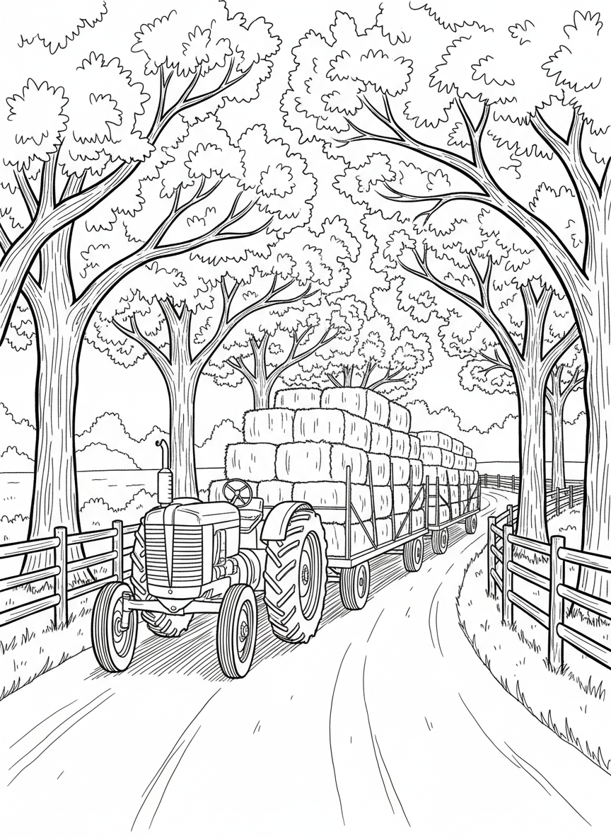 A tractor pulling a wagon full of hay bales down a country road lined with trees.