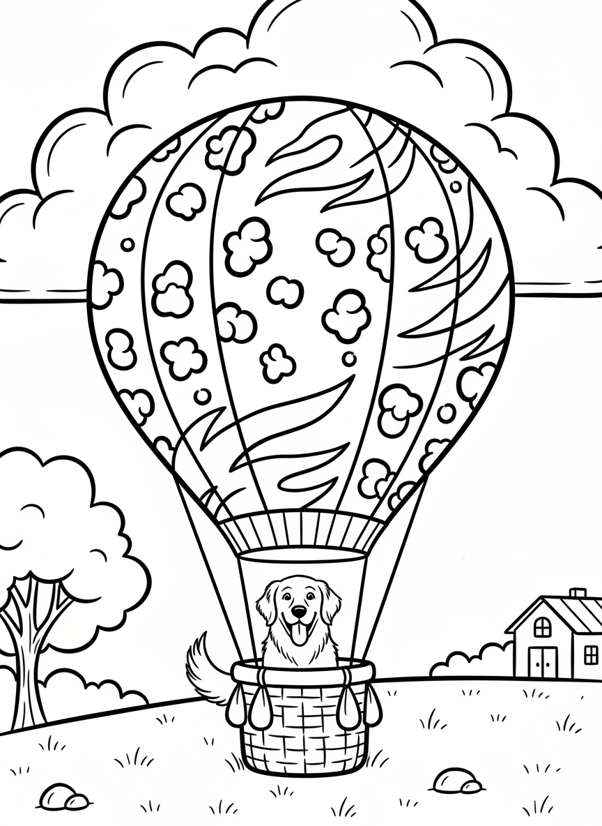A hot air balloon with animal print patterns like spots and stripes, carrying a basket with a friendly dog.