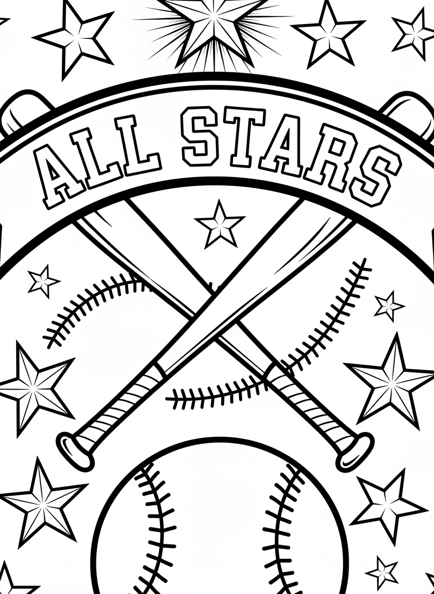 A baseball bat and ball crossed together with a banner reading All Stars, surrounded by decorative stars and baseball stitching patterns.