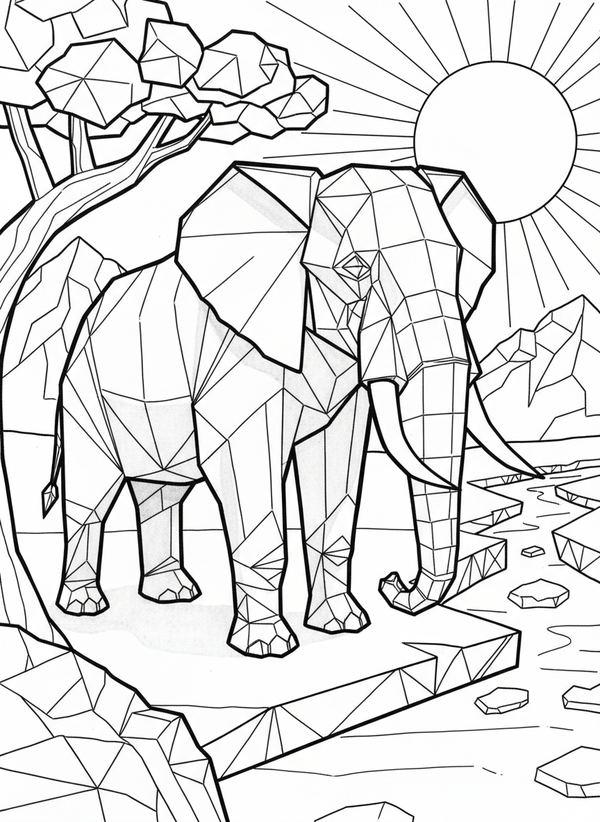 A large origami elephant with big ears and trunk, geometric folded paper style with clear sections for coloring