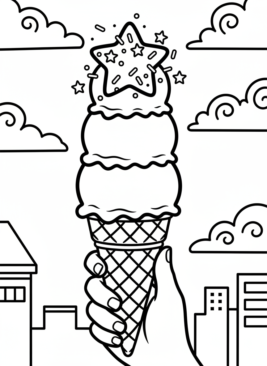 A patriotic ice cream cone with red, white, and blue scoops topped with a star and sprinkles.