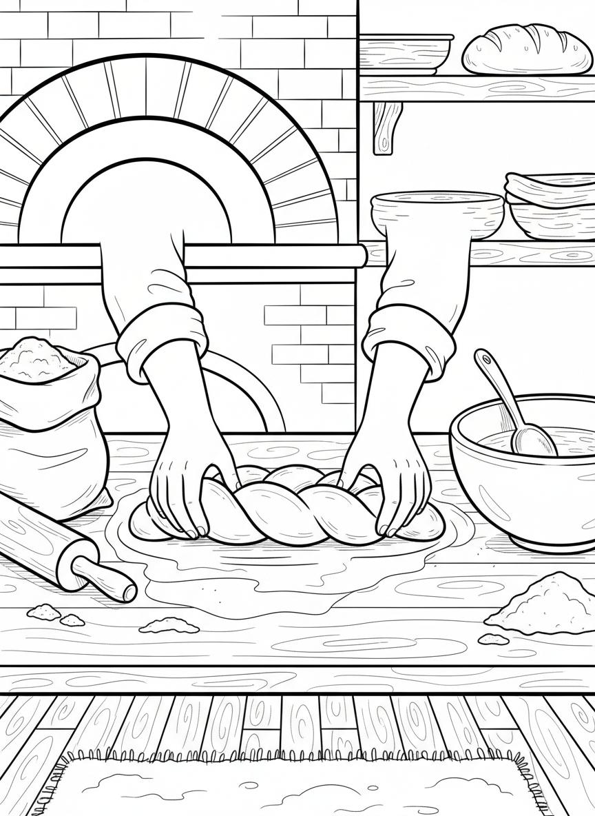 A baker's hands braiding challah bread dough on a floured work surface