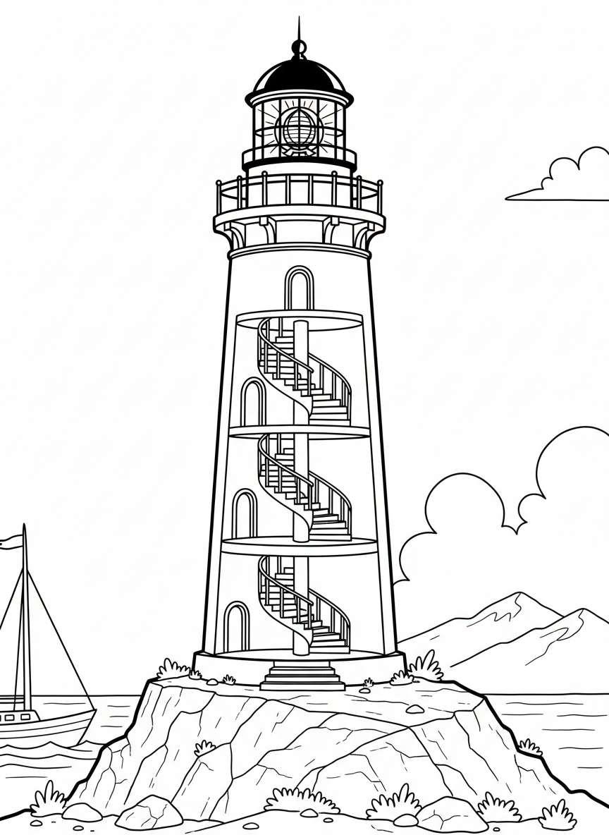 A lighthouse with a spiral staircase visible through a cutaway view, showing the interior levels and the light room at the top