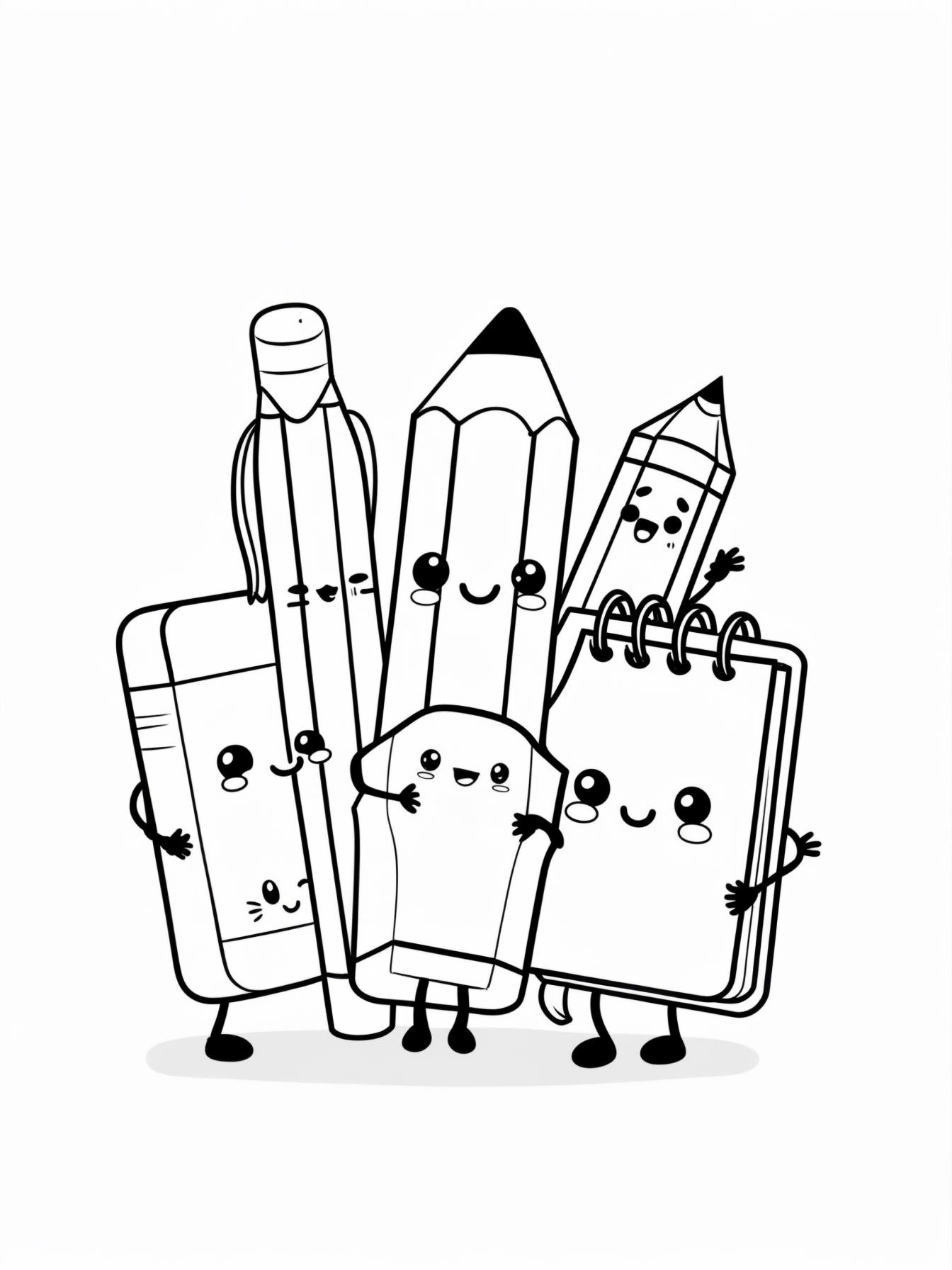 Happy Stationery: A group of kawaii school supplies (a pencil, an eraser, and a notebook) all with cute faces and arms, hugging each other.