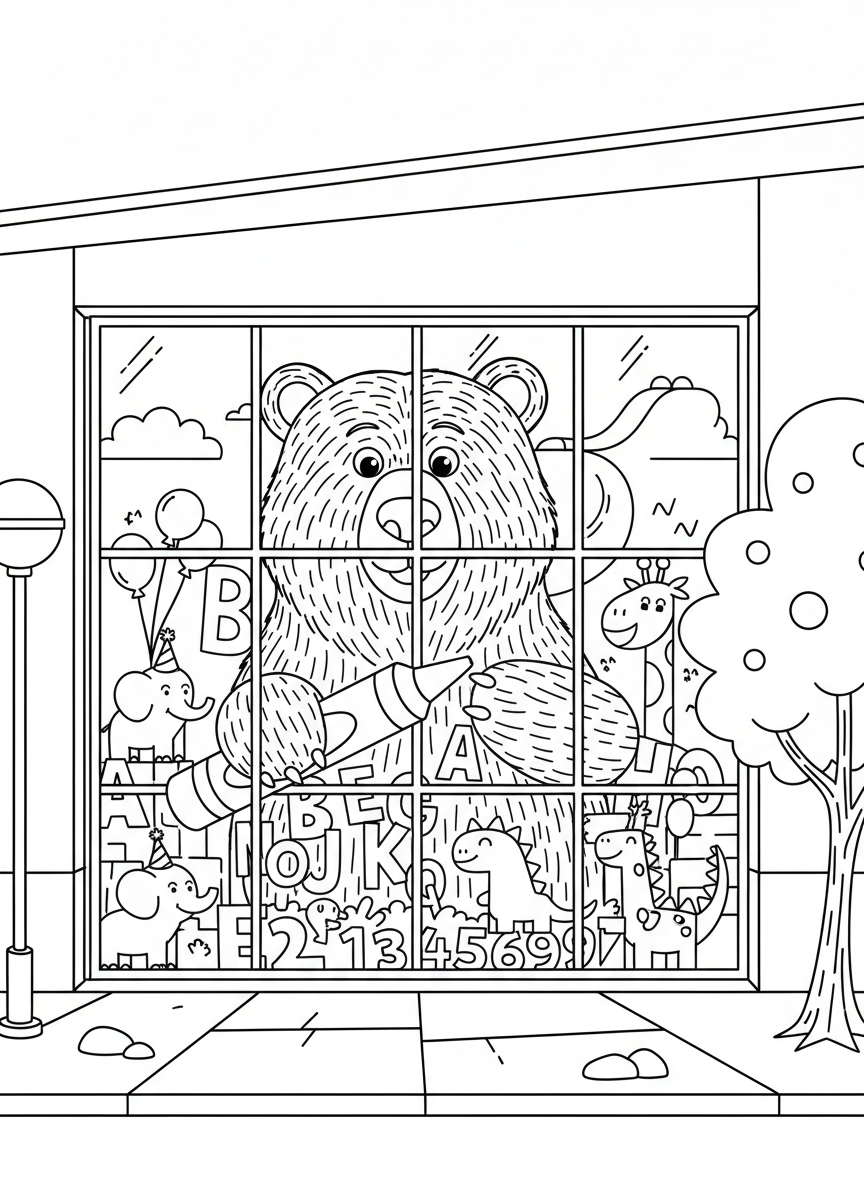 The iconic Blue Bear sculpture peeking into the Colorado Convention Center windows, playful and whimsical design for young kids.