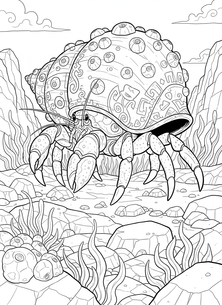 A large hermit crab carrying a decorated shell covered in barnacles, walking across rocky terrain with seaweed in background.