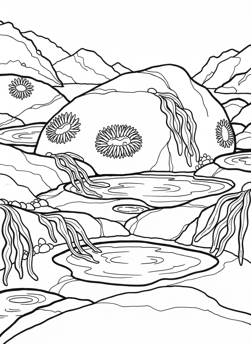 Tide pool at low tide with exposed anemones clinging to rocks, some water puddles and seaweed draped around