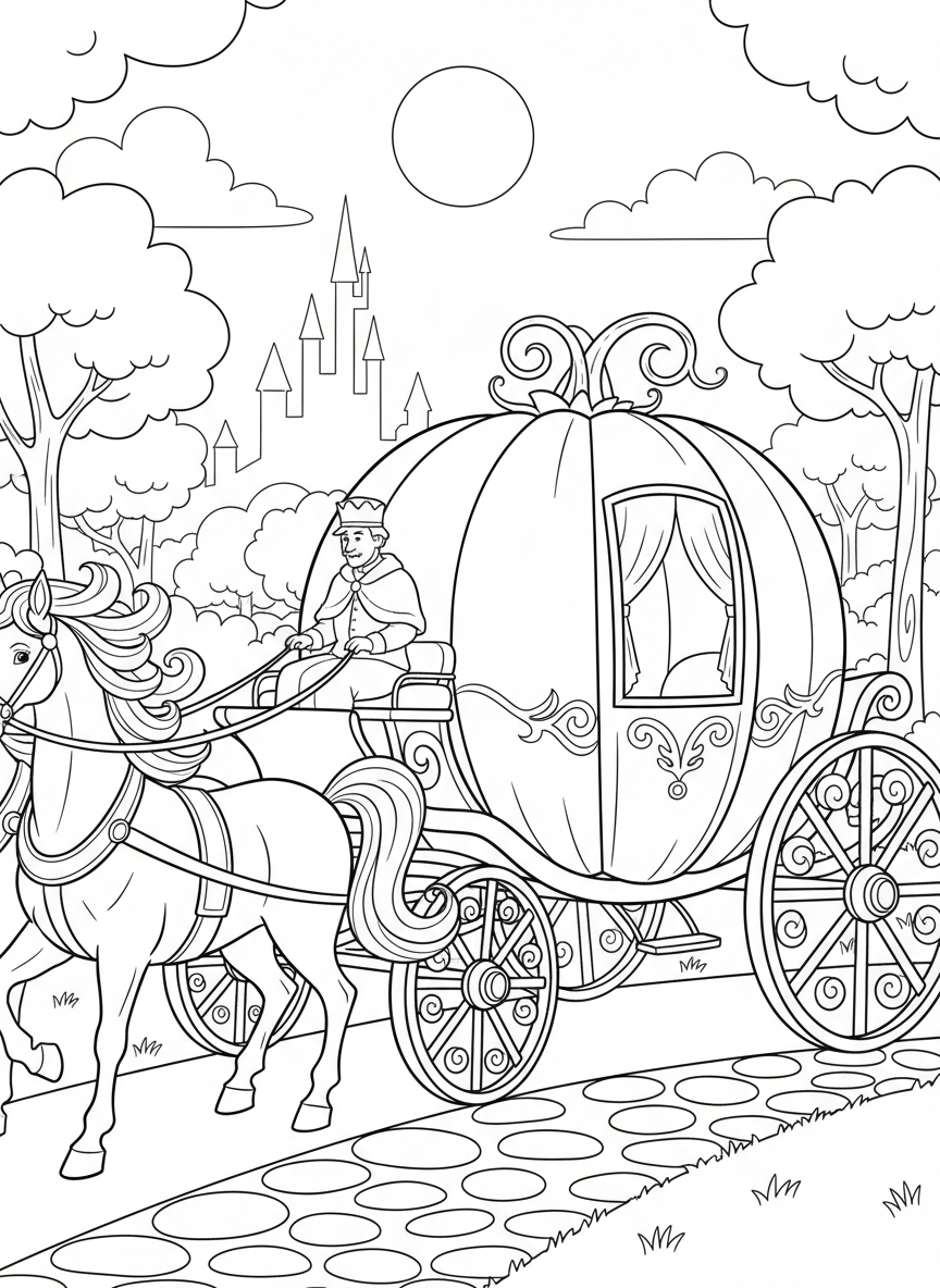 Cinderella's magical pumpkin carriage with ornate wheels and decorative details, line art coloring sheet