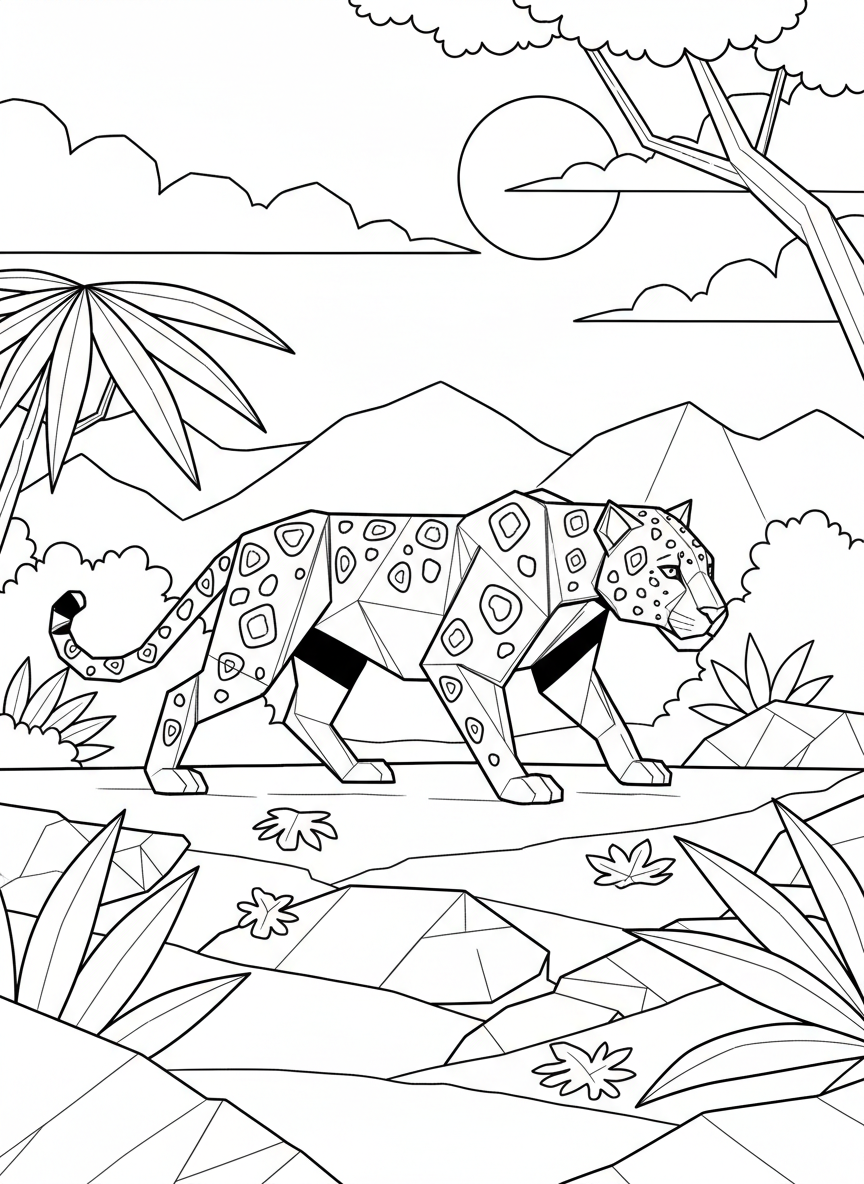 An origami jaguar walking forward, with angular muscular body, geometric spots, and pointed ears, dynamic pose.