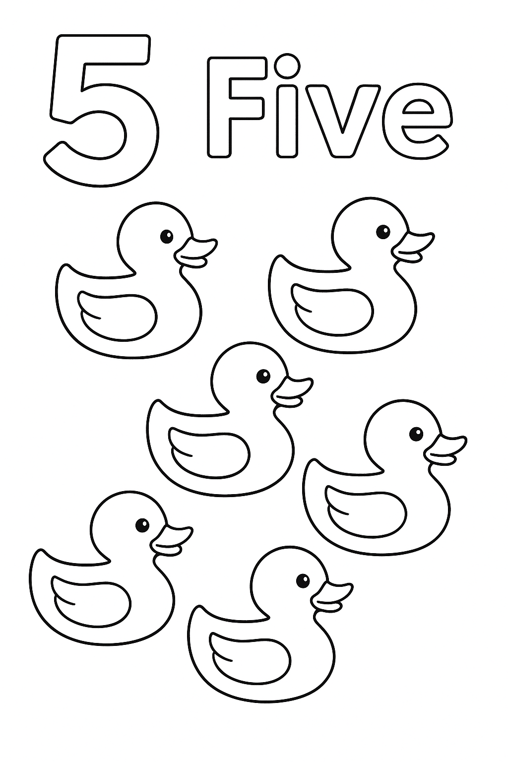 The number “5” and the word “Five”. With 5 rubber ducks on the page. Write out the word “Five”. only 5 rubber ducks