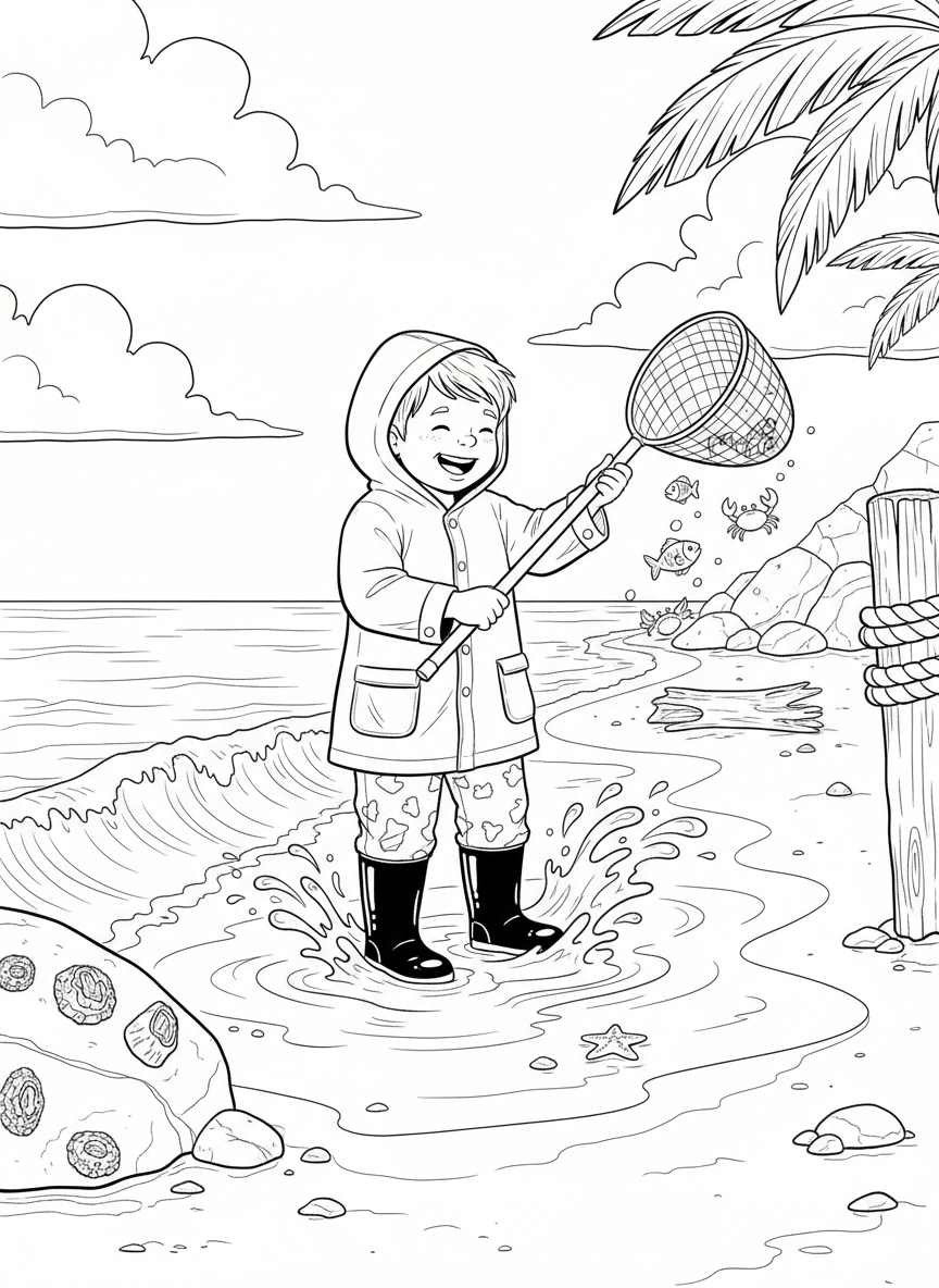 A child wearing rain boots standing in shallow water, holding a dip net to catch small sea creatures, cheerful beach scene