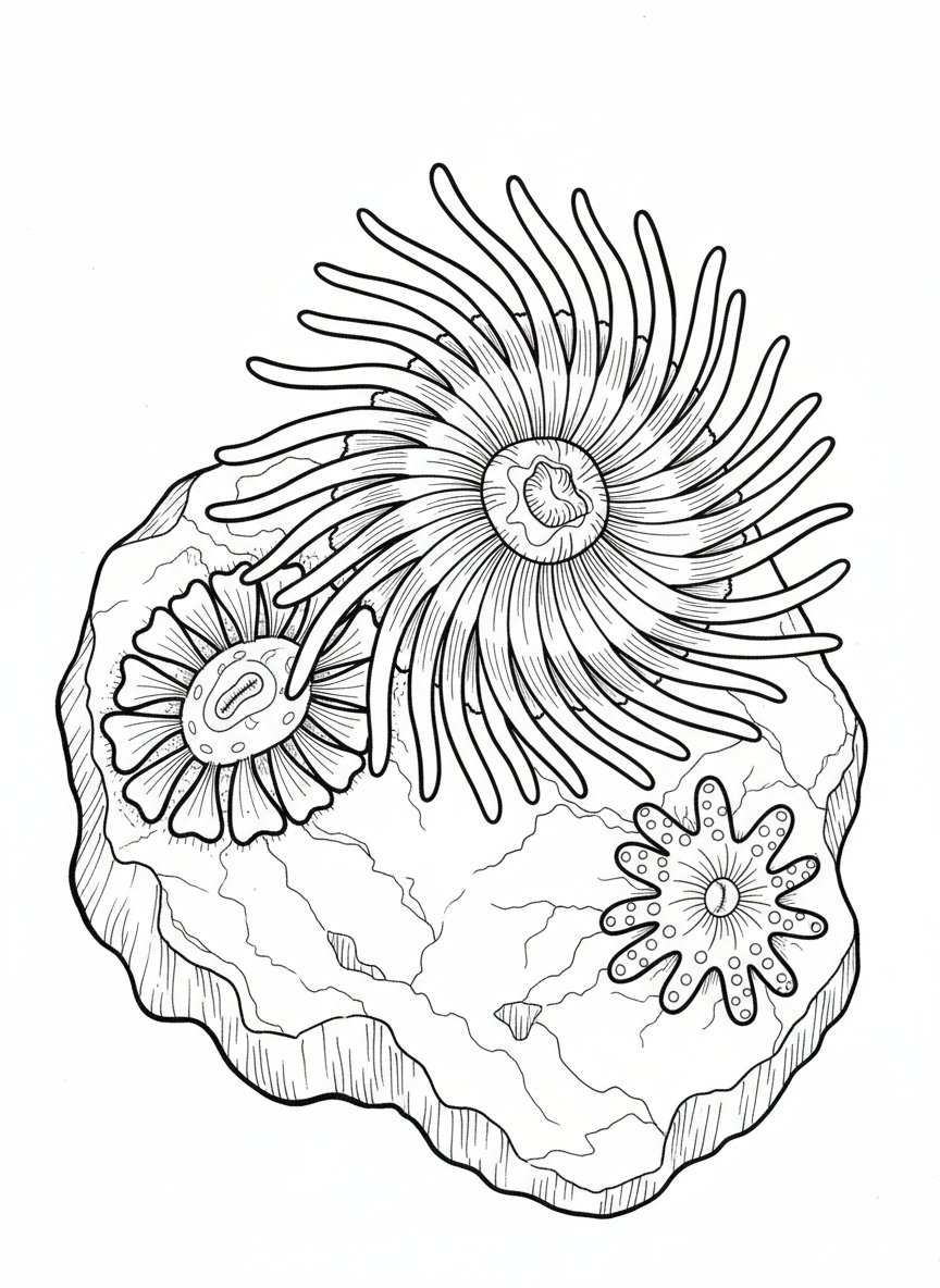 Close-up view of three different sea anemones clustered together on a rock, each with unique petal-like tentacle patterns, medium detail