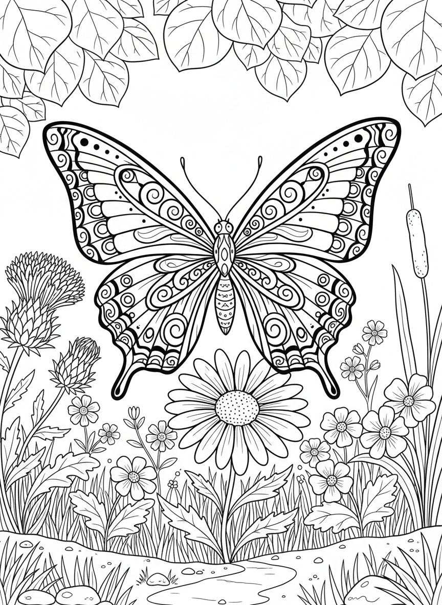 A detailed butterfly with intricate wing patterns perched on a blooming daisy, showing symmetrical wing designs for older children.