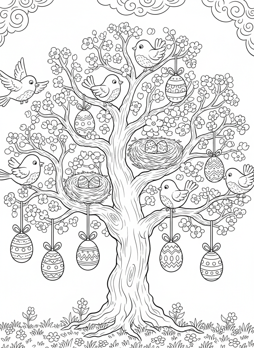 A spring tree with blossoms, birds building nests, and Easter eggs hanging from ribbons on the branches