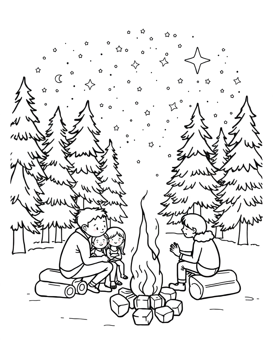 A family camping by a campfire, pine trees under a starry sky
