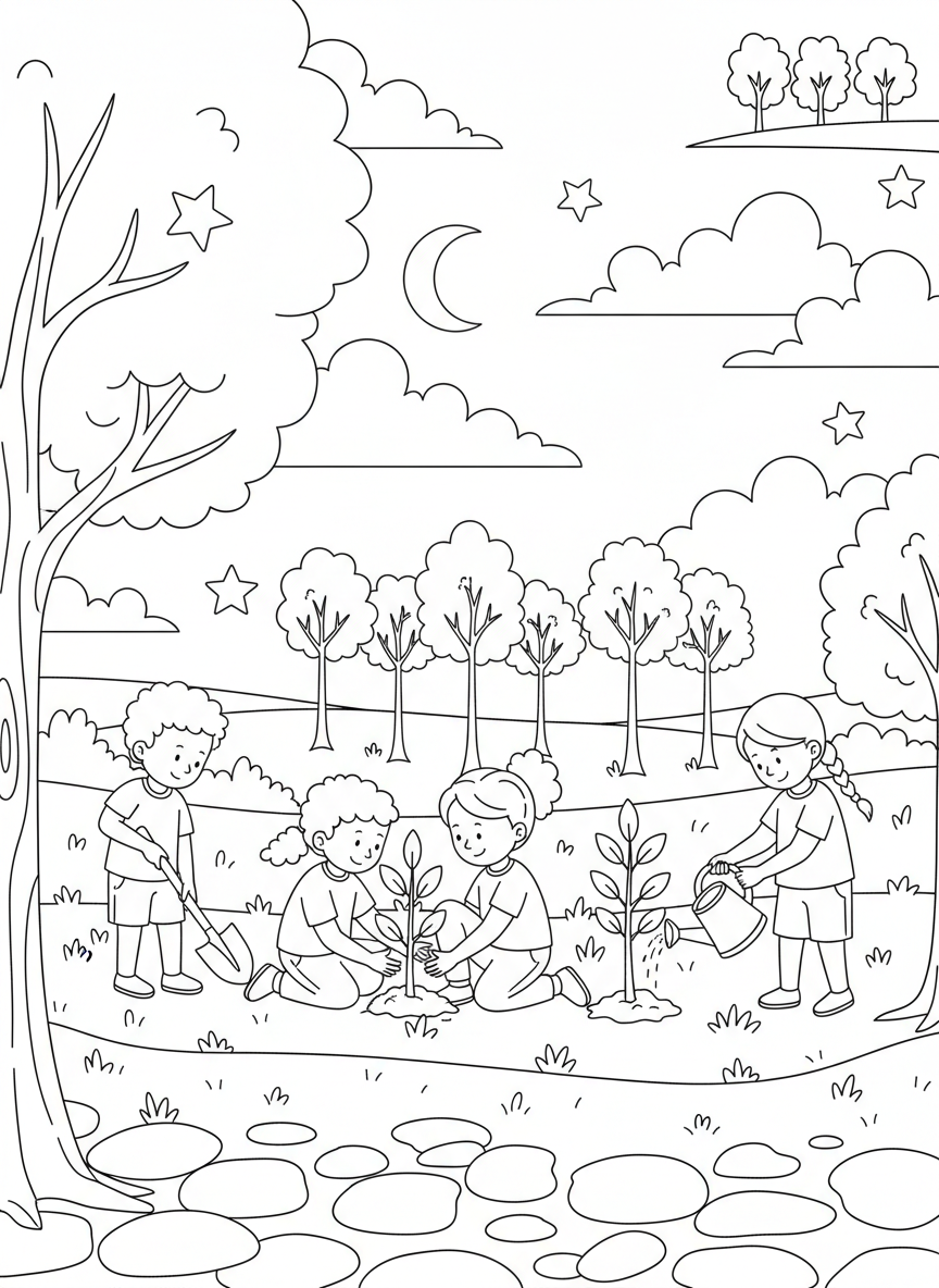 Arbor Day coloring page prompts focused on tree planting, growth, and long-term environmental stewardship.	An evening scene with young trees silhouetted against a fading sky.