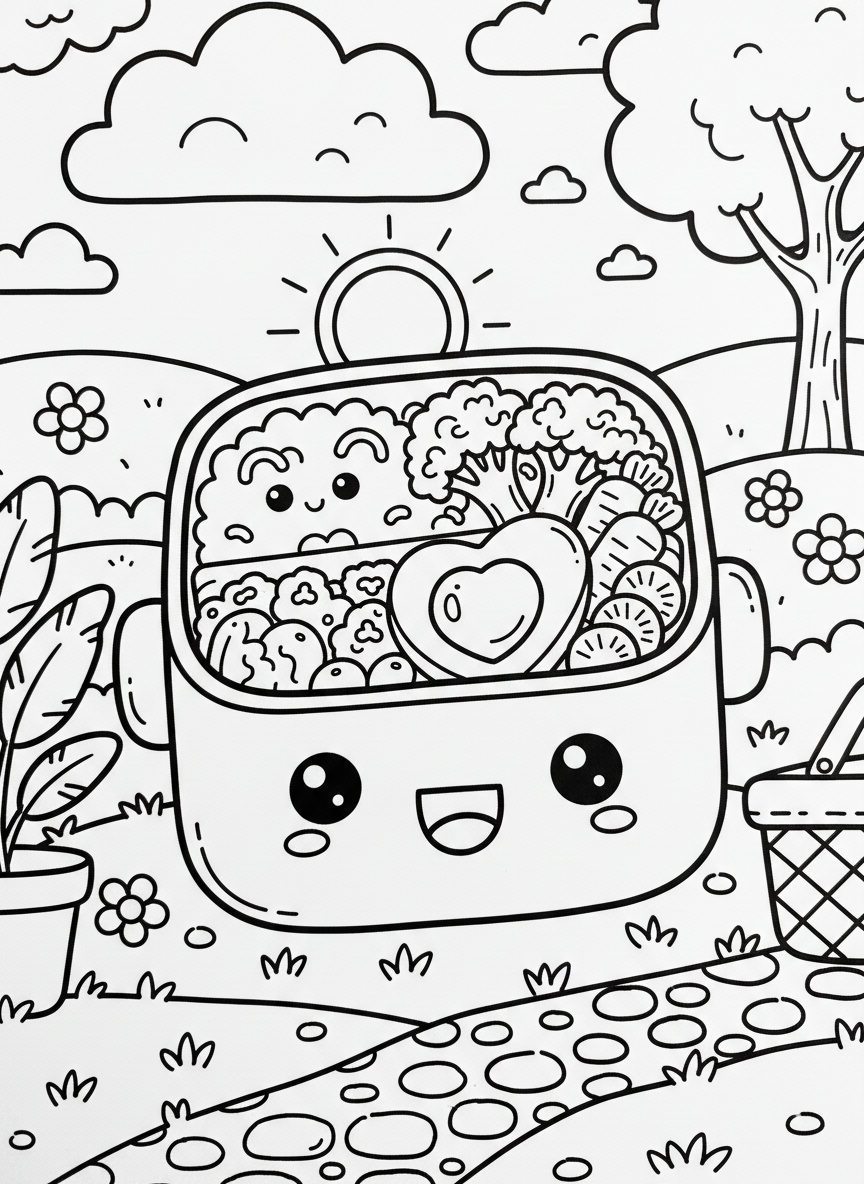 A kawaii bento box character with a happy face, filled with rice, vegetables, and a heart-shaped egg