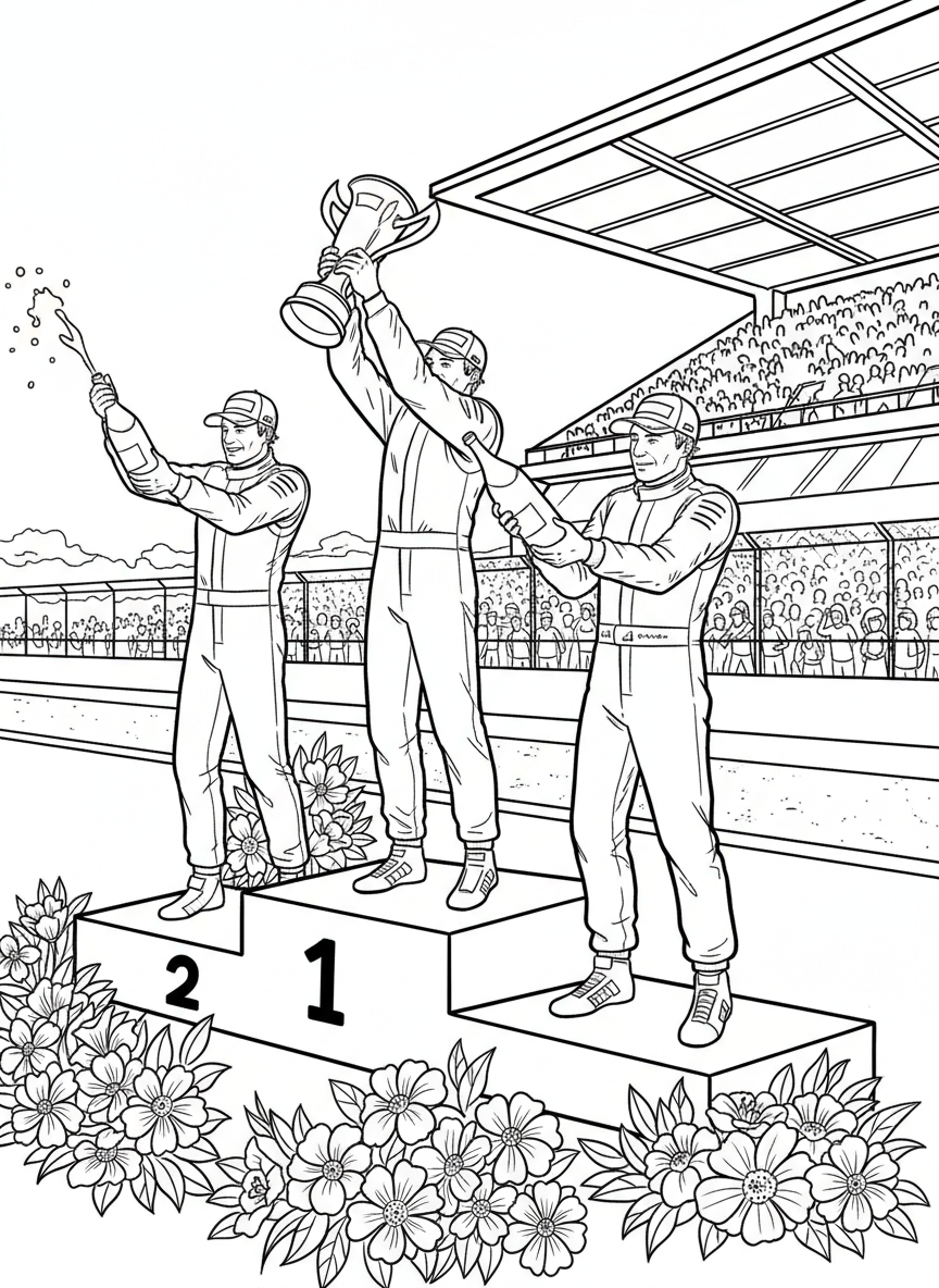Three Formula One drivers spraying champagne bottles on the podium in celebration, with trophy and flowers nearby.