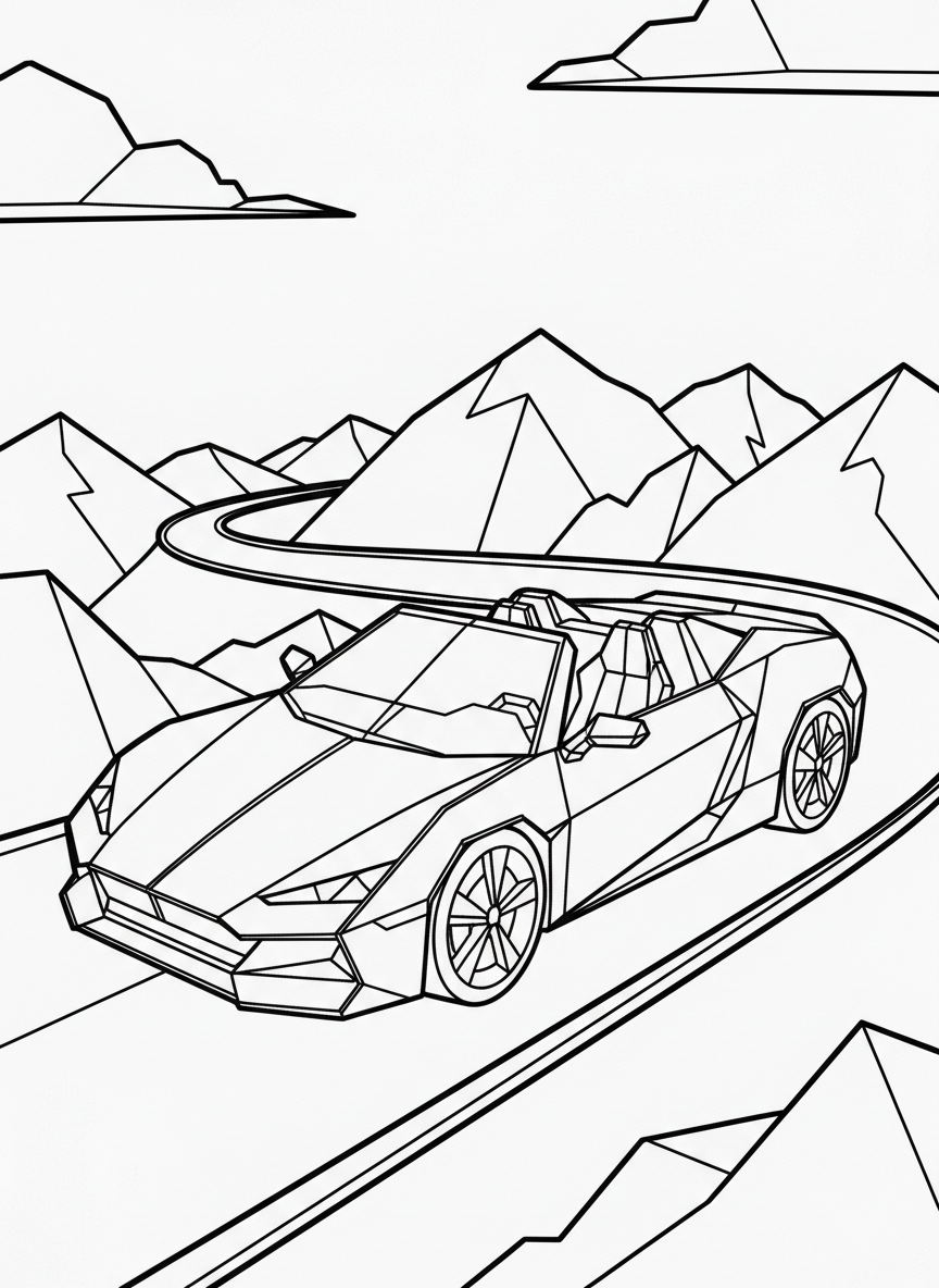 An origami sports car convertible with sleek angular folds, parked on a winding road with mountains in the distance.