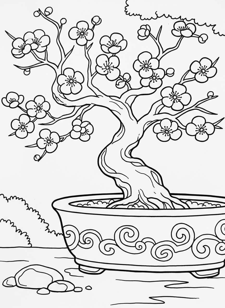 A close-up view of a flowering bonsai tree with blossoms on its branches and a decorative oval pot with simple patterns.