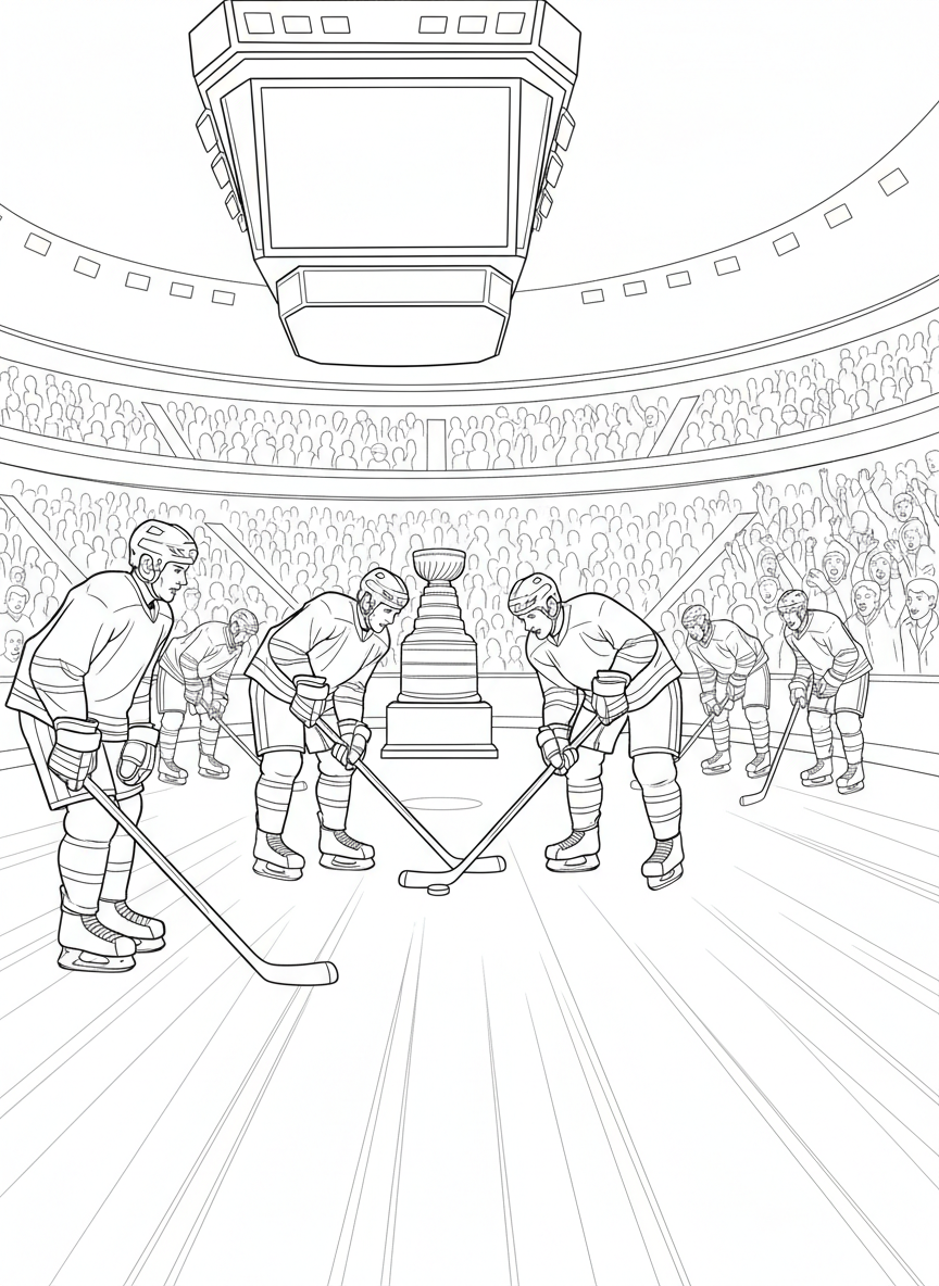 Stanley Cup Finals coloring page prompts capturing intense hockey action, frozen arenas, passionate fans, and championship tradition.	An overtime period beginning, players exhausted but focused as fresh ice reflects arena lights and tension fills the building.