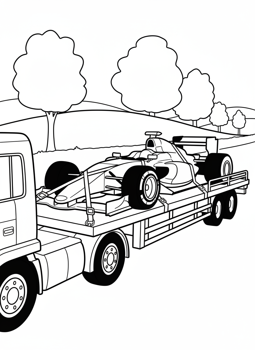 A Formula One car being transported on a truck trailer, showing the car secured and ready for travel to the next race.