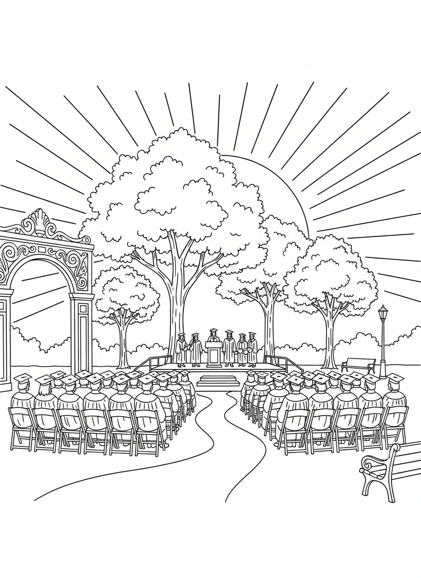 An outdoor graduation ceremony with graduates seated in rows facing a stage, with trees and sunshine in the background.