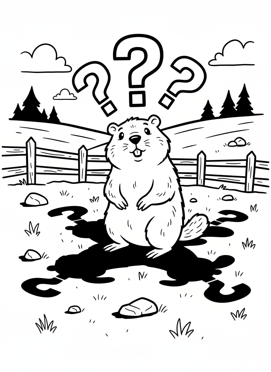 A groundhog looking confused at multiple shadows around him, with question marks floating above his head