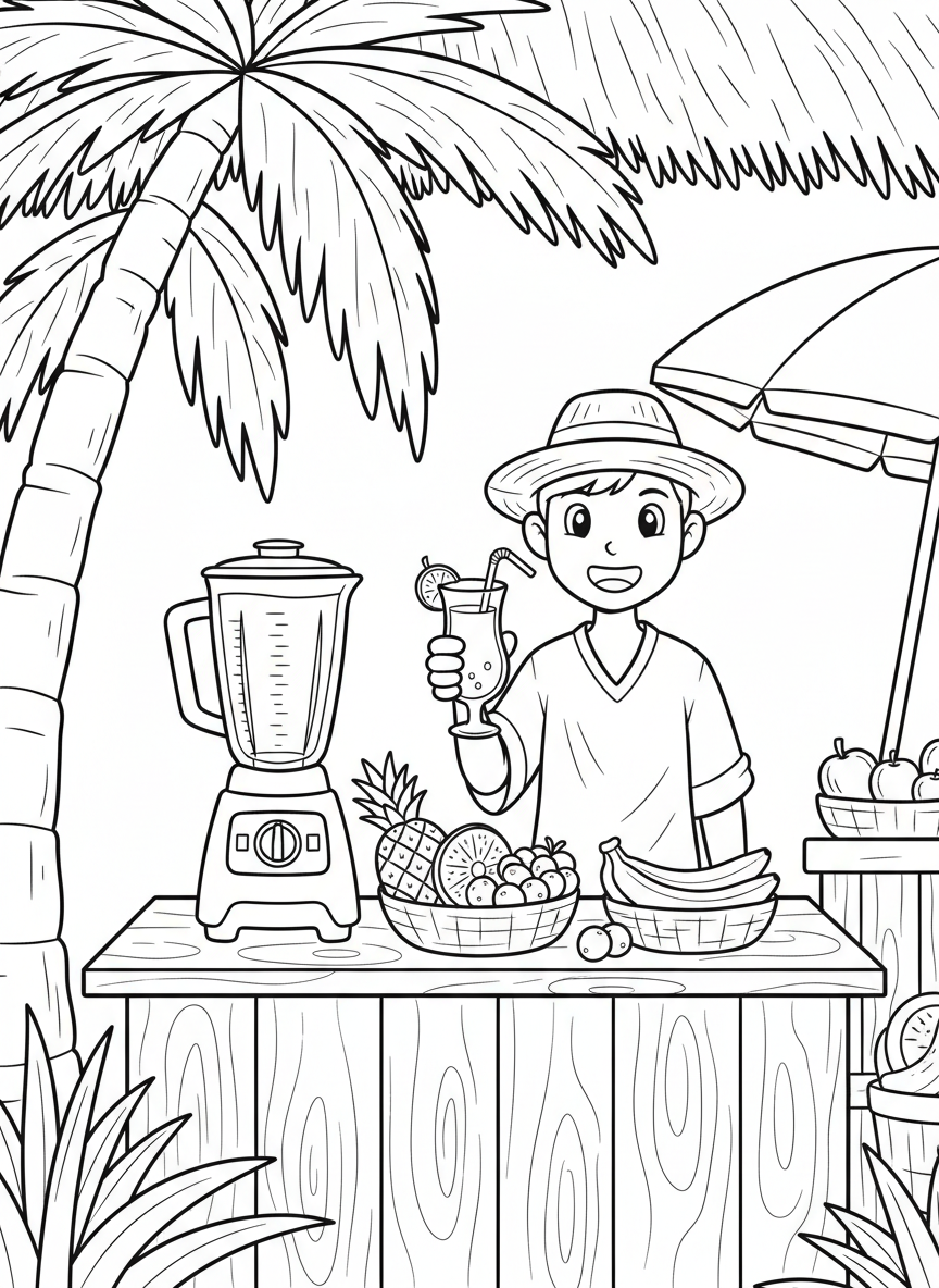 A simple fruit smoothie stand with a blender, fresh fruit displays, and a smiling vendor holding a tropical drink with a straw.