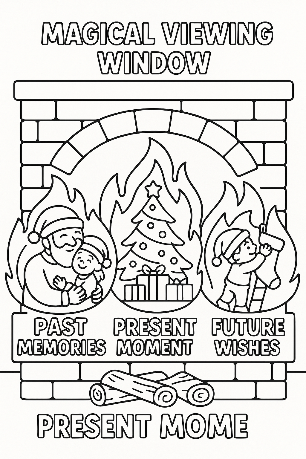 Fireplace showing different Christmas scenes in flames, past memories, future wishes, present moment, magical viewing window, thick line art, time-bending hearth