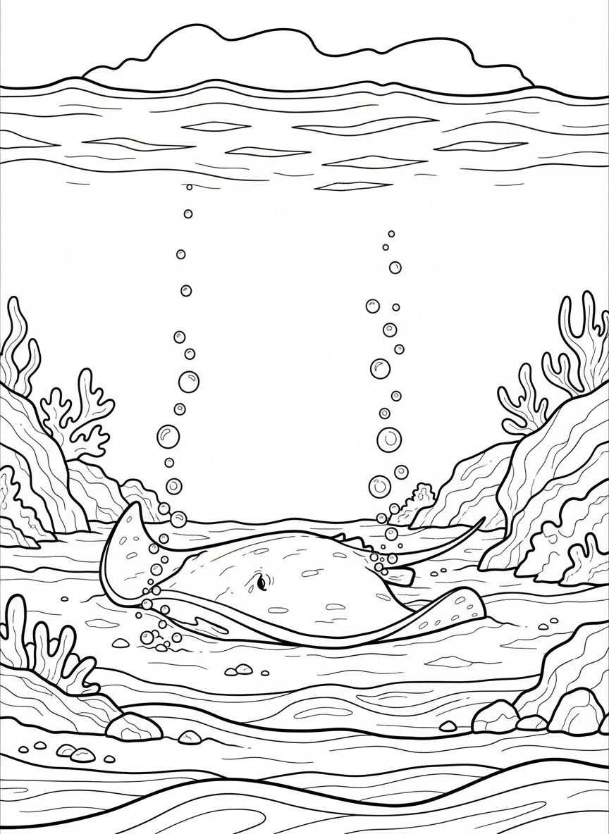 A stingray resting on the sandy bottom with its flat body partially buried, and small bubbles rising from the sand.