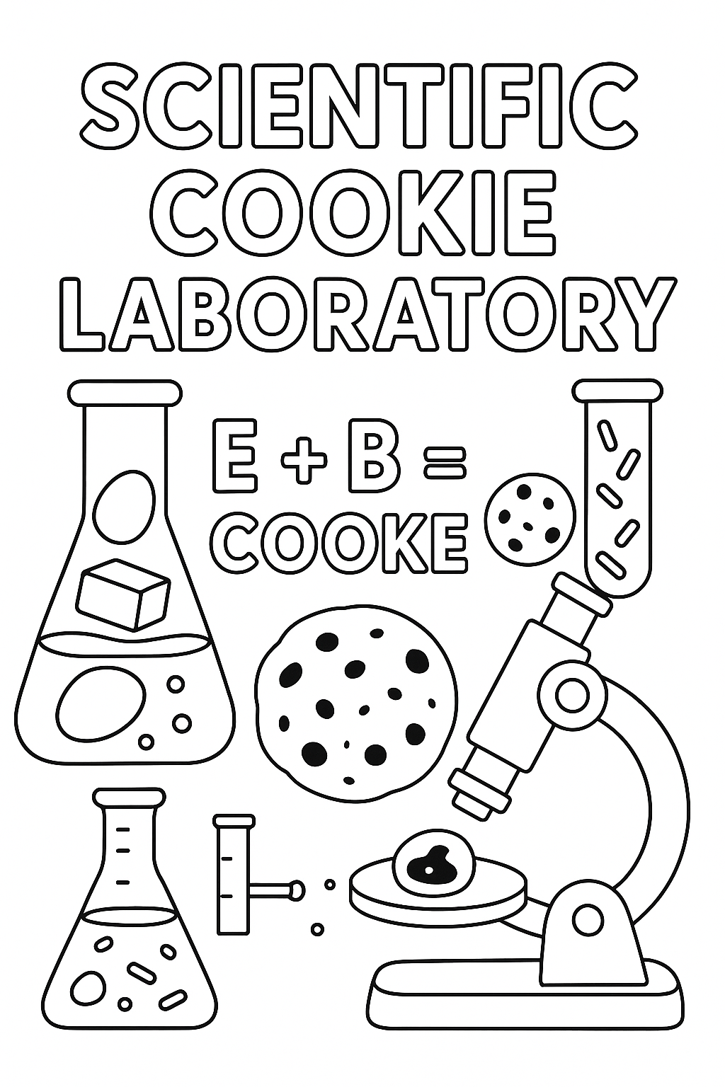 Scientific cookie laboratory, beaker ingredients, formula for perfect cookie, test tube sprinkles, microscope examining chips, thick line art, experimental baking