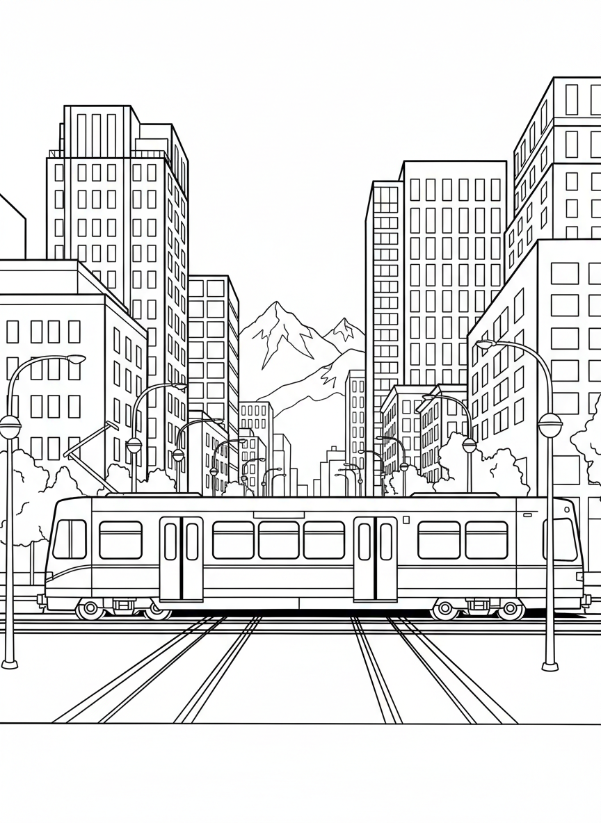 A Denver light rail train traveling through downtown with tall buildings, street lamps, and the mountains visible in the background.