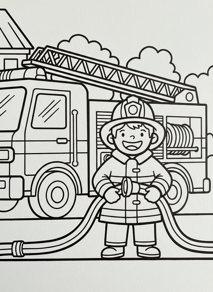 A smiling firefighter in full uniform holding a hose, standing in front of a fire truck with bold outlines and simple details, perfect for young children.