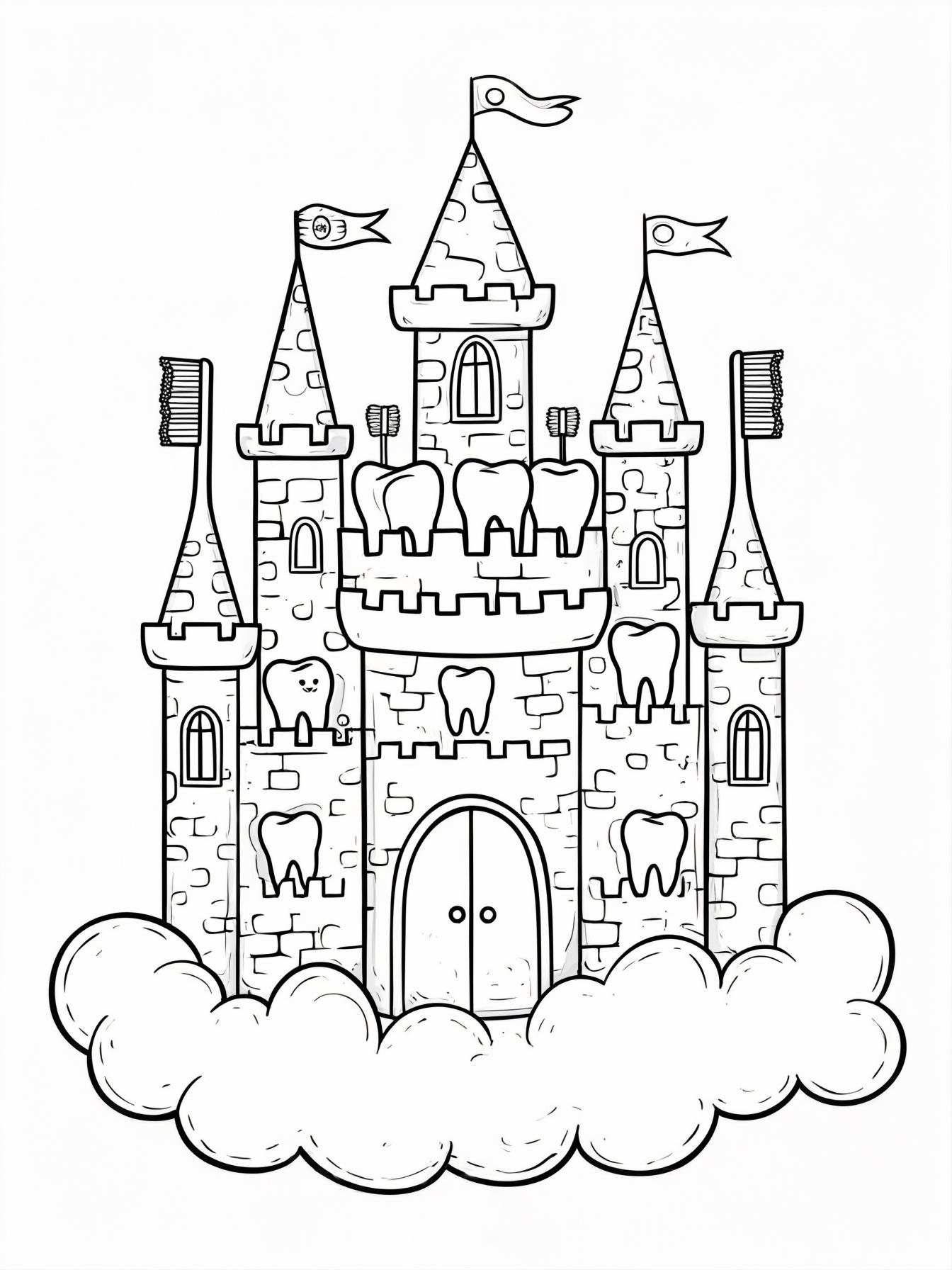 Tooth Fairy: Tooth Castle: A castle made entirely of giant white teeth and toothbrushes for towers, sitting on a cloud.