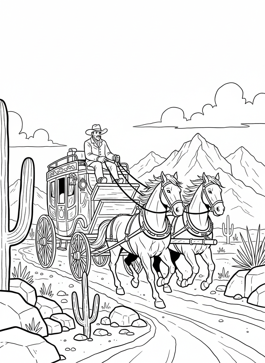 A stagecoach being pulled by two horses along a desert trail, with a driver holding the reins on top.