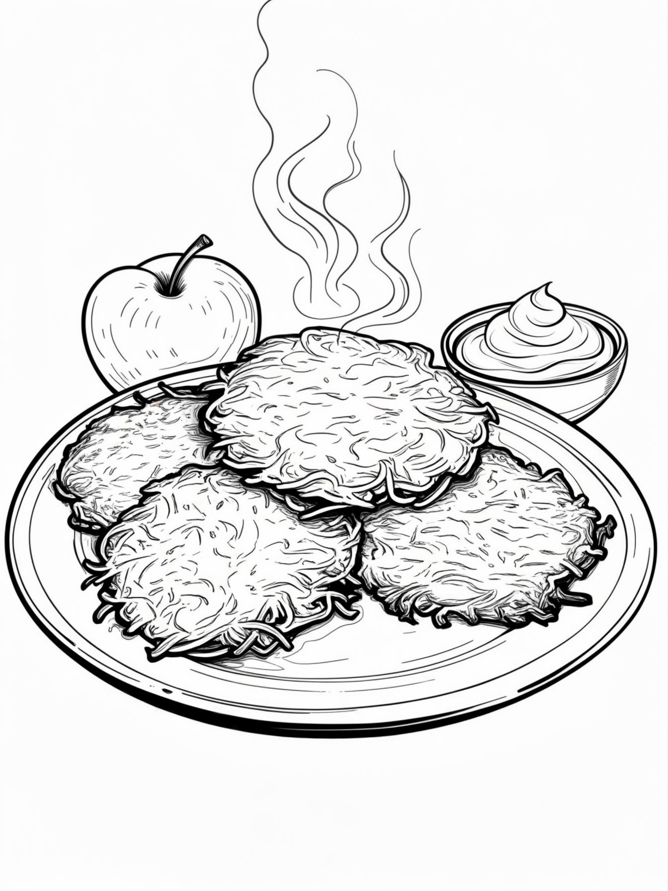 Latkes and Applesauce: A plate of hot, crispy potato latkes (pancakes) with a side of applesauce and a dollop of sour cream. Steam is rising from the latkes.